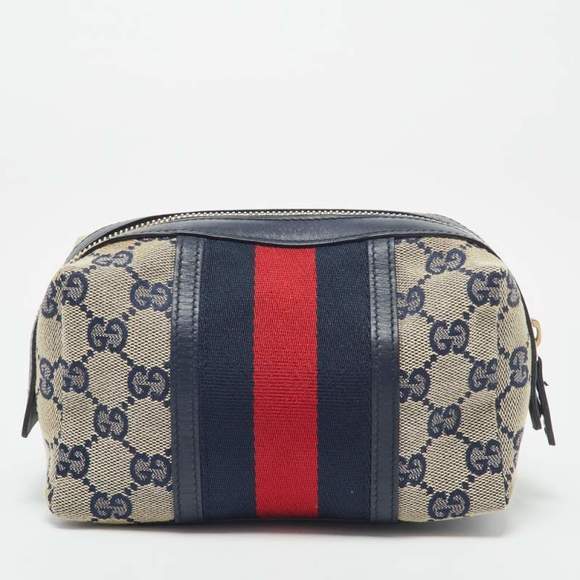 Gucci Beige/Blue GG Canvas and Leather Web Cosmetic Pouch - Picture 5 of 9